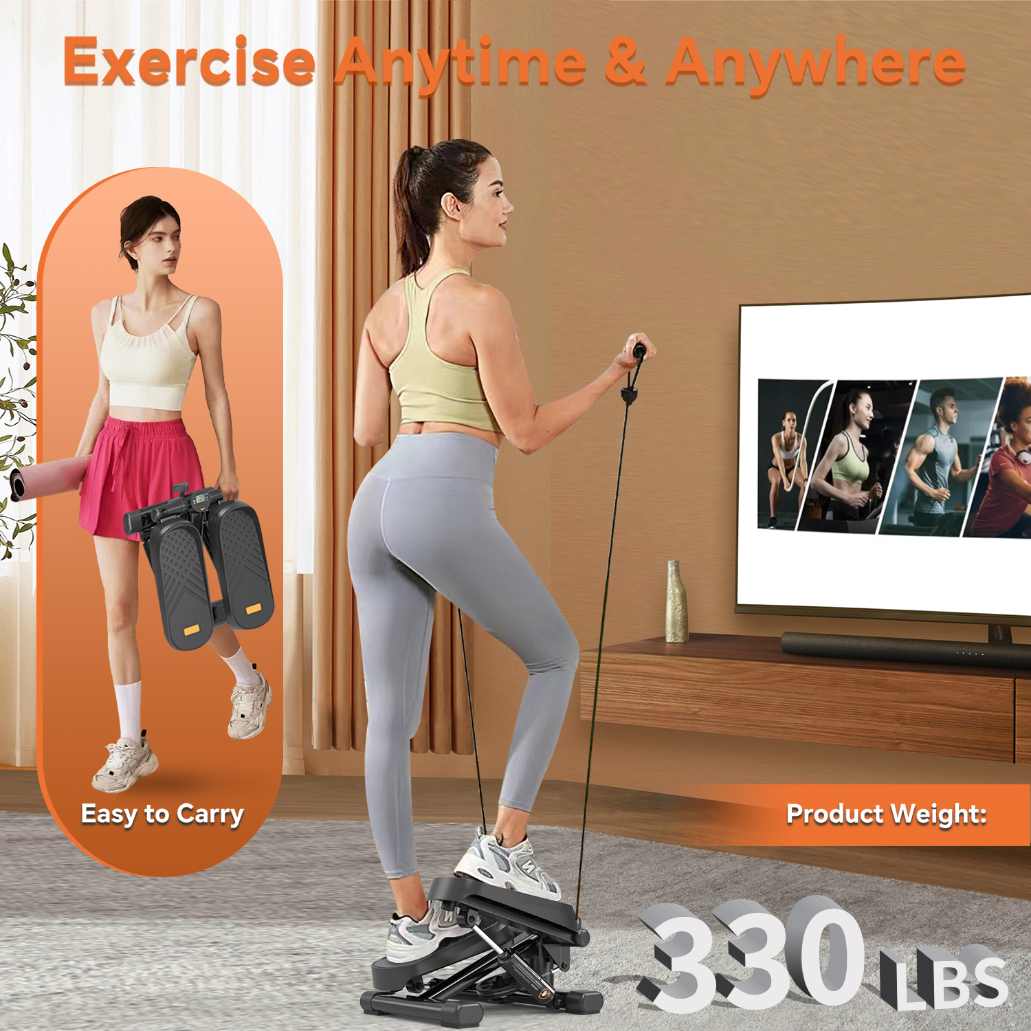 Home Office Exercise 330LBS Capacity Mini Stepper with Resistance Bands and LCD Monitor - Image 8